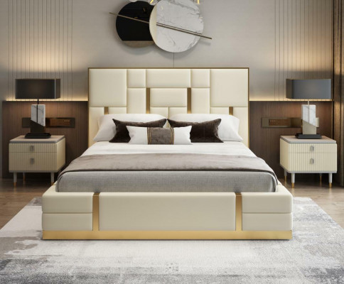 Modern Luxus Bett Schlafzimmer Italienisches Leder Polster Doppel Betten Metall Design.