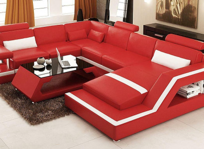 Rote Ecksofa Ledersofa Big XXL U Form Wohnlandschaft Sofa Couch