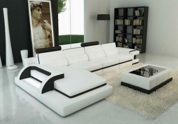 Ecksofa L-Form Sofa Couch Design Grau Polster Leder Modern Beleuchtete