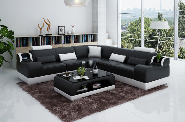 Ecksofa Couch Polster Wohnlandschaft Eck Garnitur Ecke Leder Sofa Grau