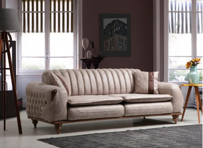 Beige Dreisitzer Chesterfield Couch Polster Möbel Textil Couchen Stoff