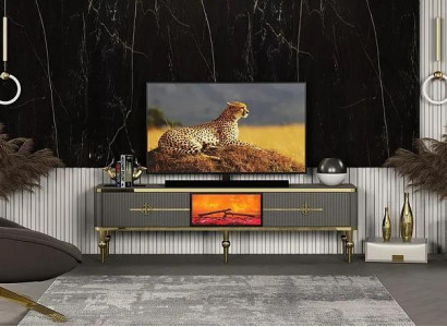  Wohnzimmer TV Lowboard Grau Kamin RTV Sideboard Metall + MDF Exklusiv