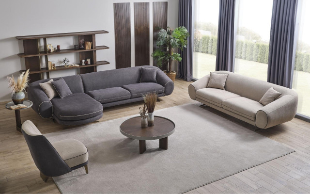 Modernes Wohnzimmer Set Graues Ecksofa L-Form 3-Sitzer Polster Sessel