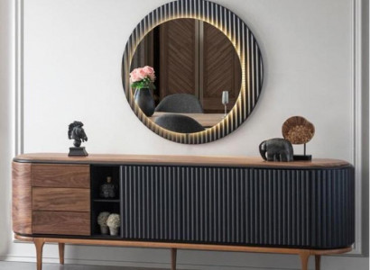 Stilvolle Garnitur Designer Braunes Sideboard Rundspiegel 2tlg Holz Set