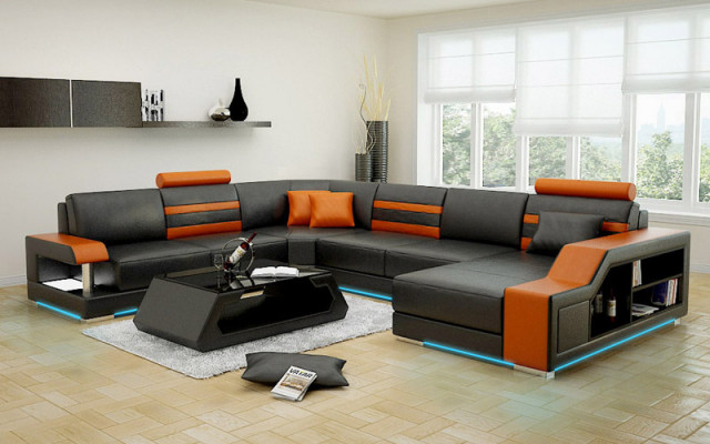 Design Sofa Ecksofa Wohnlandschaft mit Regal Polster Sitz Garnitur Ledersofa USB