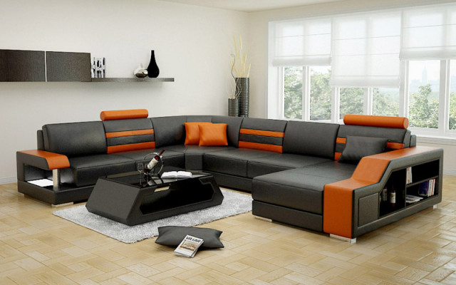 Design Sofa Ecksofa Wohnlandschaft mit Regal Polster Sitz Garnitur Ledersofa USB