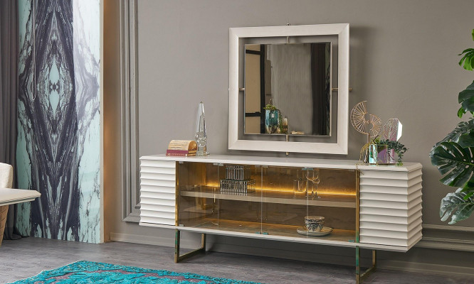 Anrichte Garnitur Sideboard mit Spiegel Esszimmer Holz Beige Kommode