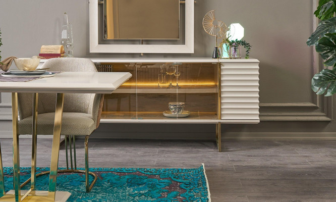 Anrichte Garnitur Sideboard mit Spiegel Esszimmer Holz Beige Kommode