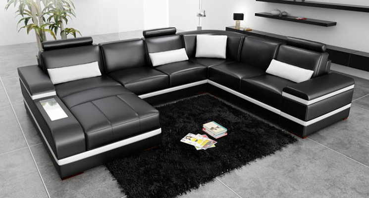 Ecksofa Ledersofa mit USB Big XXL U Form Wohnlandschaft Sofa Couch Garnitur LED