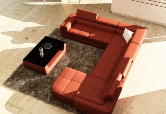 Polster Ledersofa Sofa + USB Wohnlandschaft U Form XXL Big Orange Couch Ecksofa