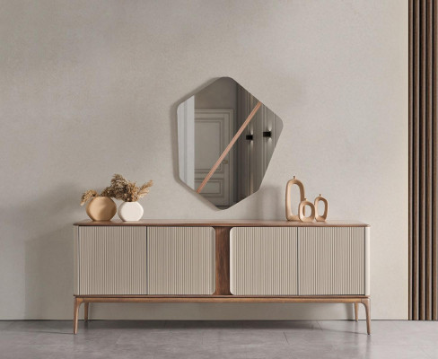 Essgruppe Esstisch 4 Stühle Sideboard Spiegel Modern 7tlg Holz Beige