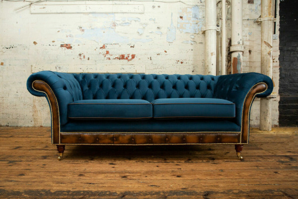 Blaue Chesterfield Stoffsofa Couch Couchen Sofa Sitz Sofas Polster Textil Neu