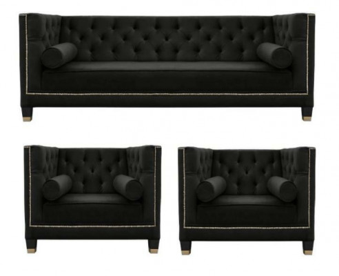 Schwarze Wohnzimmer Sofagarnitur Chesterfield Sessel Dreisitzer 3tlg