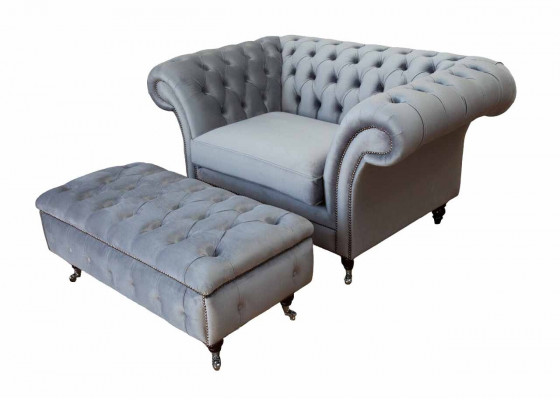 Chesterfield Ohrensessel Hocker Sessel Couch Polster Set Grau Textil