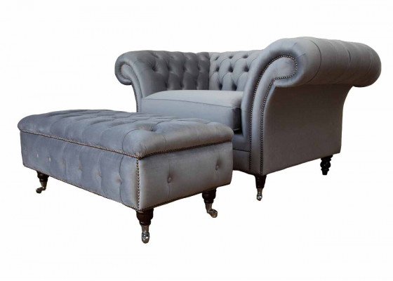 Chesterfield Ohrensessel Hocker Sessel Couch Polster Set Grau Textil