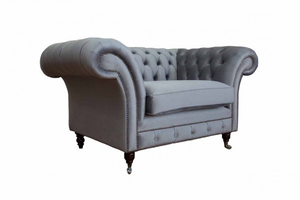 Chesterfield Ohrensessel Hocker Sessel Couch Polster Set Grau Textil