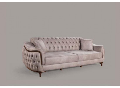 Beige Chesterfield Couch Dreisitzer Sitzpolster Sofa Möbel Samt Holz