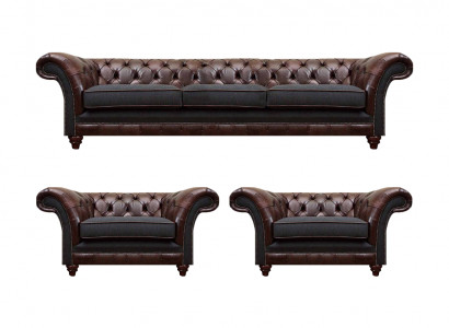 Braun-Graue Chesterfield Sitzgarnitur 2x Ledersessel Dreisitzer 3tlg Set