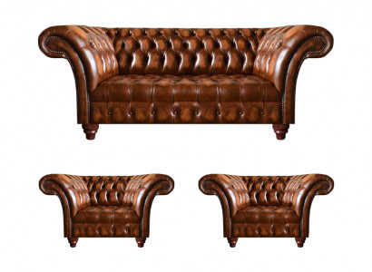 Braune Wohnzimmer Chesterfield Garnitur 2x Ledersessel Edler Dreisitzer