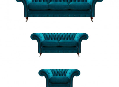 Blaue Designer Chesterfield Posltermöbel Wohnzimmer Textil Couchen 3tlg