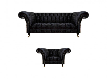 Chesterfield Schwarze Polstermöbel Designer Wohnzimmer Couch Sessel 2tlg