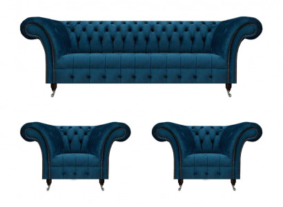 Chesterfield Blaue Sitzgarnitur Modernes Komplettes Wohnzimmer Sofa Set